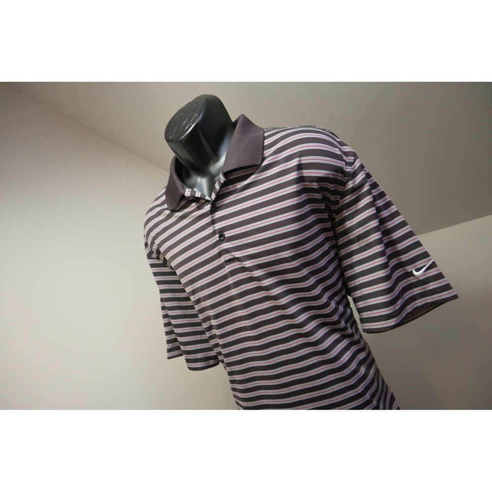 Nike Polo Shirt Men Large Brown Striped Dri-FIT Short Sleeve Excellent
